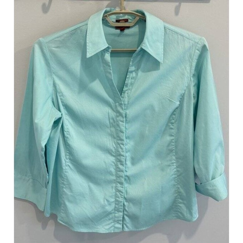 Talbots Haberdashery Woman Petites Stretch Cotton Sateen Aqua Shirt 3/4 Sleeve 1